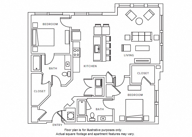 Floor plan for 2 beds, 2 baths, 1297 sqft